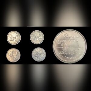 Vintage Montreal 1976 Olympic Silver Coin (Sailing) + 4 Vintage Silver Quarters